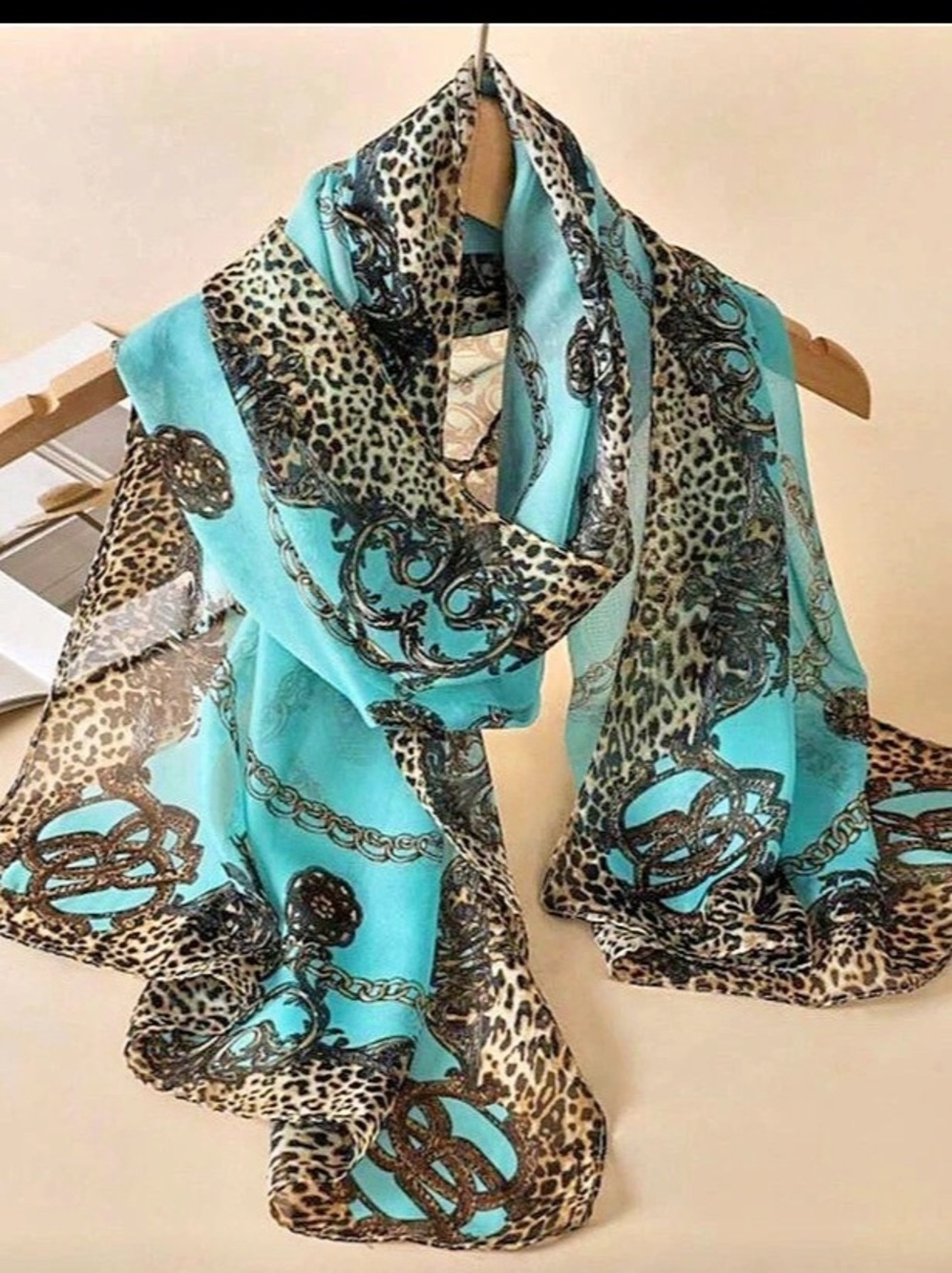 Chain & Leopard Print Scarf Blue & Brown